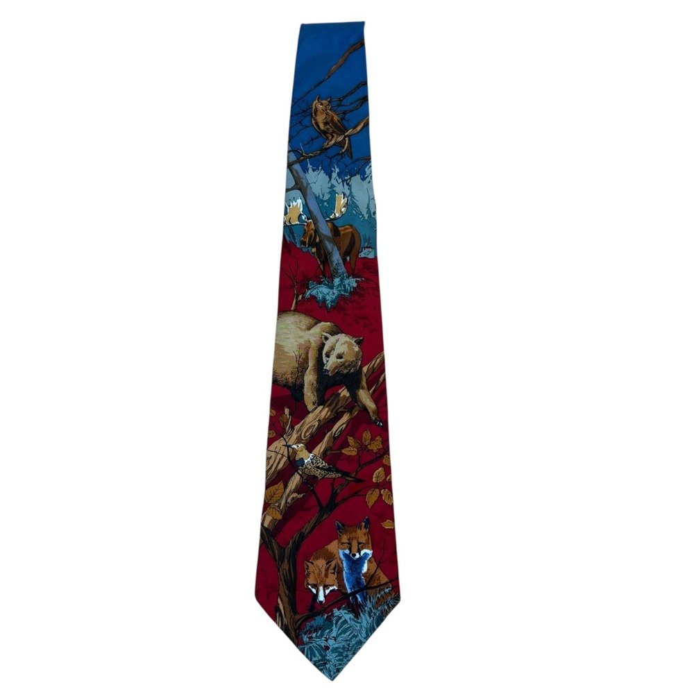 Vintage 1995 World Wildlife Fund Grizzly Bear Fox Owl Nature Menswear 100% Silk - Picture 2 of 7